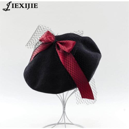 Winter veil wool beret painter cap fashion big Cross bow mesh hat Sweet Cute Berets Soft Macaron color Ribbon Vintage Female Hat