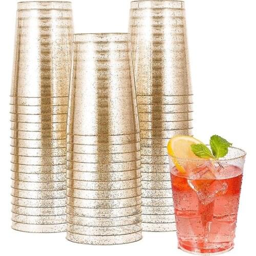 Gold Plastic Cups, Disposable Gold Glitter Plastic Wine Glasses, Clear Plastic Cups Tumblers, Christmas Party Cups