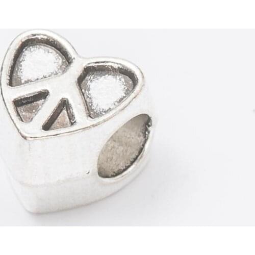 10Pcs/Lot heart Antique Silver Color DIY Zinc alloy Big Hole Spacer Bead Charm Fits Jewelry making Bracelet js1121