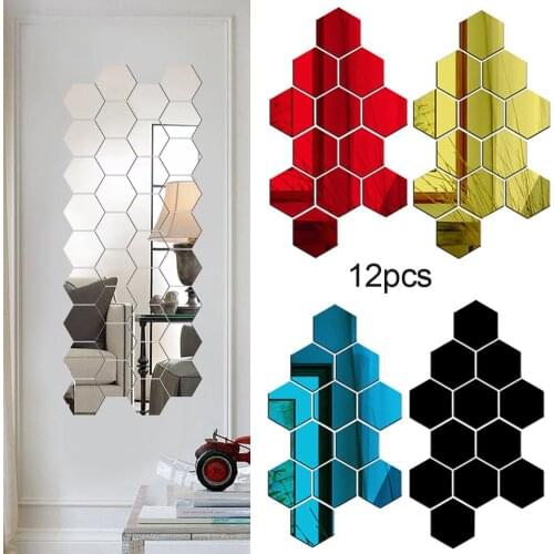 12Pcs Hexagon 3D Art Mirror Wall Stickers Home DIY Decoration Living Room Decal
