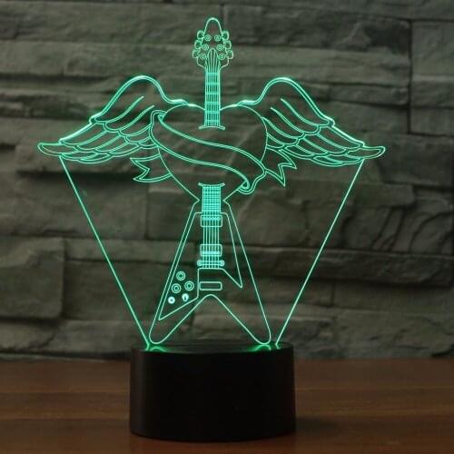 Wings Guitar 3D Illusion Table Lamp 7 Color Changing Night Light Musical Instruments Atmosphere Lamp Boys Child Kids Frien Gifts