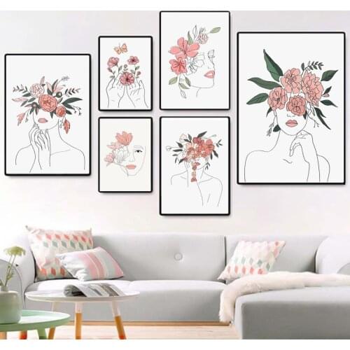 Abstract Girl Portrait Lines Flowers Vase Wall Art Canvas Painting Posters And Prints Living Room Decor Nordic Style Decoration