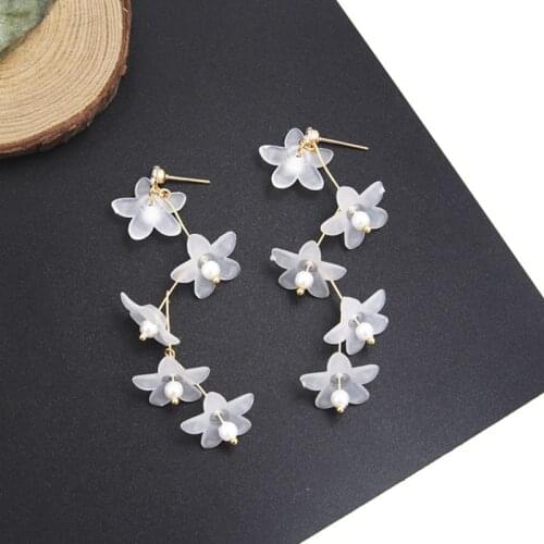 Elegant Cute White Flower Pearl Long Tassel Drop Earrings Temperament Women Girls Statement Pendientes Earring Jewelry 6C1010