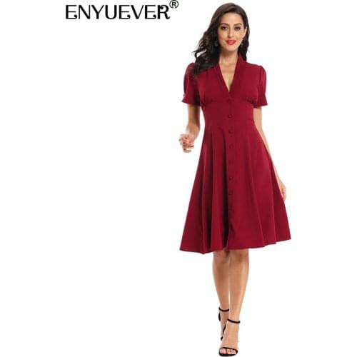 Enyuever Elegant Vintage Dress Women Clothing Robe Pin Up V Neck Short Sleeve High Waist Wear To Work Ladies Dresses Vestidos