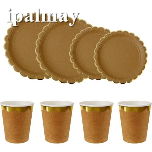 Ipalmay Paper Dessert Plates Disposable Cups Party Gold Foil Tableware Set for Christmas New Years Eve Wedding Table Setting