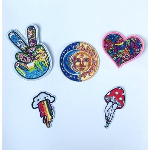 Colorful Hip Hop Style Love Peace V Gesture Sun Moon Mushroom Embroidery Adhesive Hippy Patch