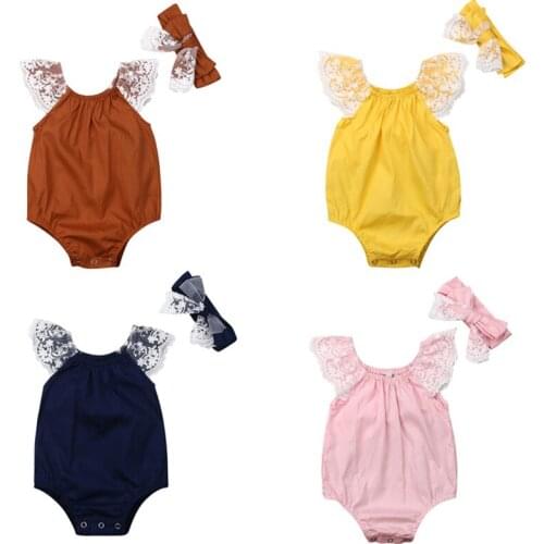 Newborn Baby Girls Feifei Sleeve Romper Jumpsuit Headband Summer Clothes Tops