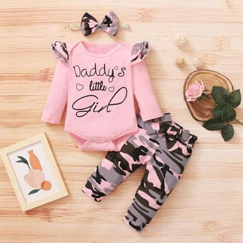 New Baby Girl Clothes 0-18 Months Newborn Infant Baby Valentine Print Romper Bodysuit+camouflage Print Pants Set Free Shipping