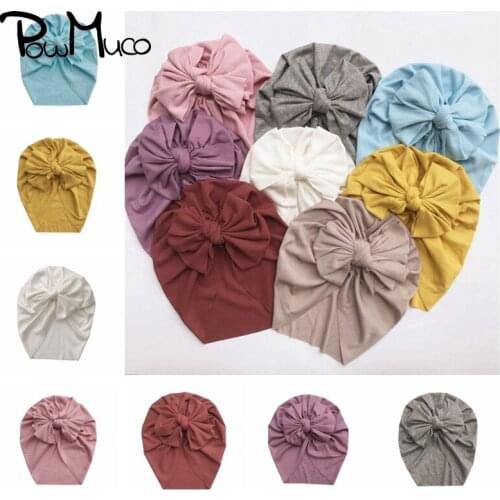 Powmuco 19*20 CM High Quality Newborn Indian Hat Solid Color Handmade Bowknot Baby Girls Caps Toddler Bows Headwear Holiday Gift
