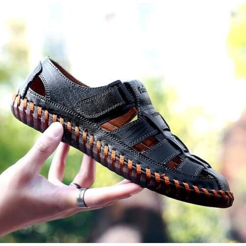 Big size 38-47 Men Genuine Leather Sandals Outdoor 2020 Summer Handmade Men Shoes Men Breathable Casual Shoes Walking Sandals w5