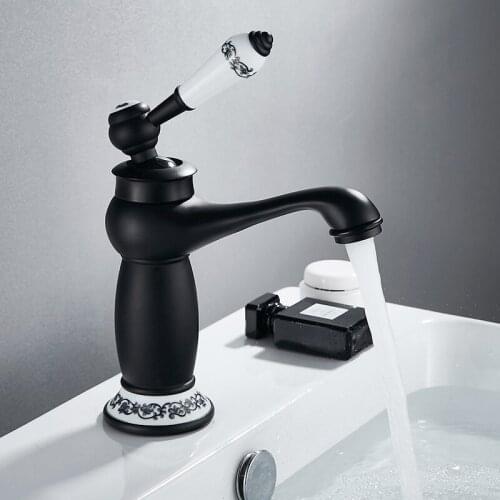 European Retro Single Handle Water Tap Black Basin Faucets Cold and Hot Water Sink Mixer Tap Bathroom Sink Faucets Deck Mounted