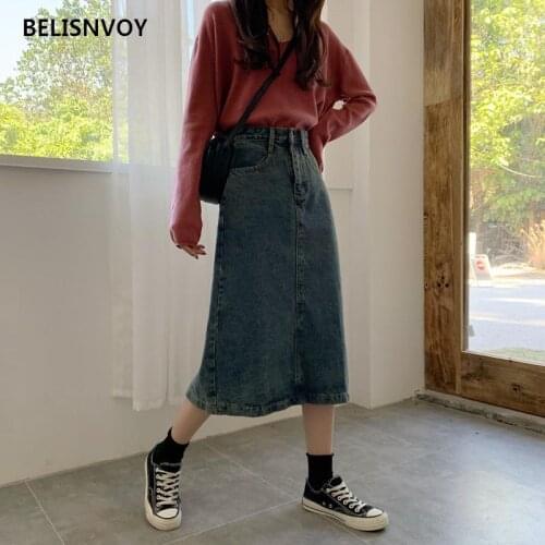 Spring Summer Denim Skirts For Women Elegant A-Line Korean Style High Waist Washed Split Jupe Femme Chic Midi Skirt Streetwear