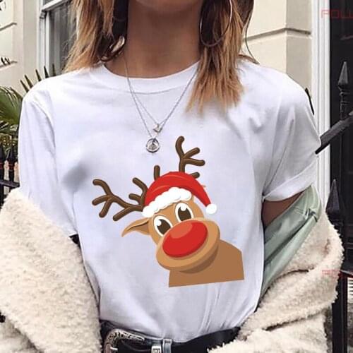 Christmas Cartoon Reindeer Short Sleeve T Shirt Women New Year Fashion Graphic Cute Tee Tops Aesthetic Kawaii Shirt