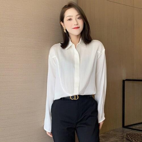 Womens Blouses and Tops Silk White Black Pleated Office Formal Casual Shirts Plus Large Size Spring Summer Sexy Haut Femme