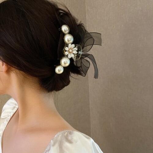 VSnow Unique Design Flower Black Gauze Bowknot Oversize Pearl Claw Hairpin Hairwear for Women Girls Fashion Hair Accessories