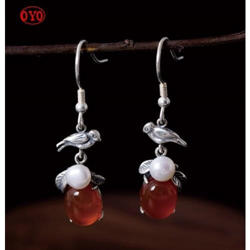 S925 silver creative handmade red agate female ethnic style bird leaf pearl earrings