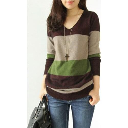 Zuolunouba Autumn Formal Knitted Cashmere Long Pullovers Sexy V-neck Three Color Striped Harajuku Slim Women Sweaters