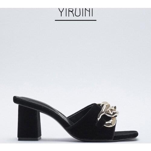 2021 New ZA Style Women Sandals Metal Chain Decoration In Font Square Toe High Square Heels Casual Shoes Femal