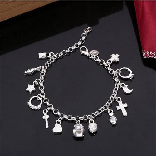 Fashion Trendy Jewelry Chic Silver Color Plated Bracelet Moon Heart Lock Cross Charm Bracelet 13 Pendants Bracelet