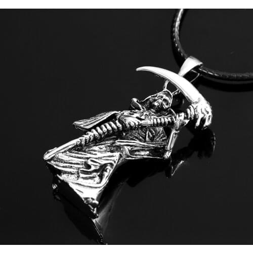 Vintage Grim Reaper Skull Pendant Necklace Punk Style Sickle Necklace Biker Long Chain For Men Women Jewelry Accessories