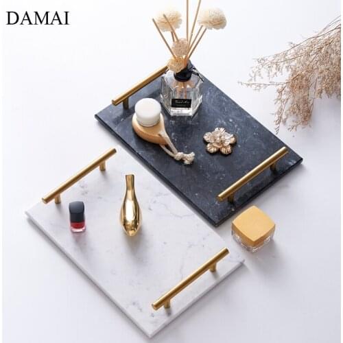Natural Marble Ceramic Trays Decorative Gold Inlay Handle Bathroom Toiletries Skincare Storage Plates Jewelry Display Tray