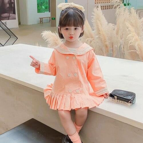 DFXD Toddler Girls Full Sleeve Sailor Collar Long Trench Coat Fashion Korean Style Double-breasted Childrens Windbreaker 1-7Yrs