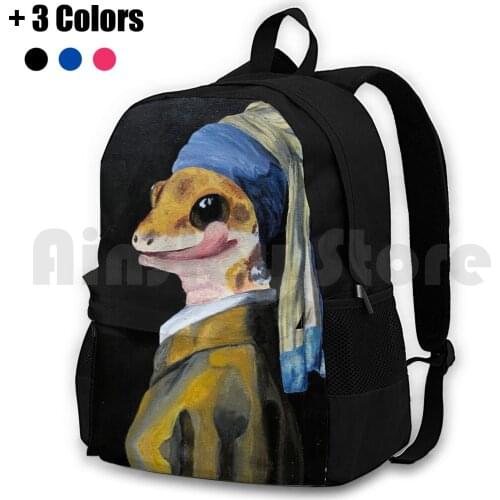 " Geck With A Pearl Earring " Outdoor Hiking Backpack Riding Climbing Sports Bag Gecko Lizard Girl With A Pearl Earring Acryli