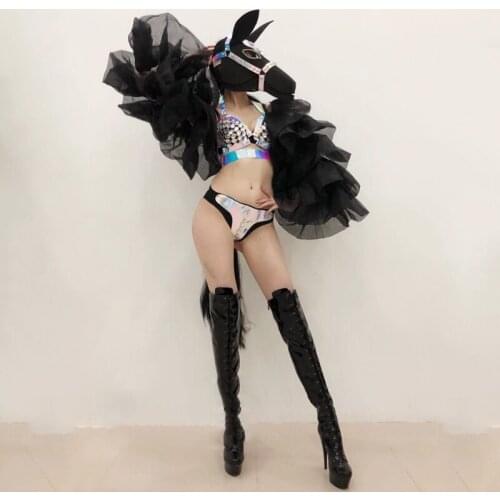 Halloween Party Horse Head Diamond Headgear Nightclub Female Singer Gogo Dancer Big Gauze Sleeve Bikini Suit Rave Outfit DWY4769
