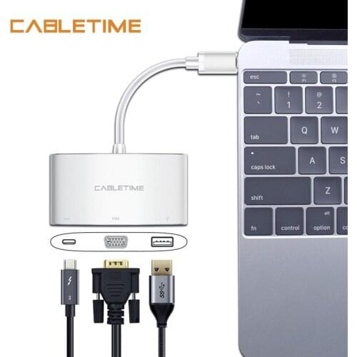 Cabletime USB C HUB to VGA Adapter 3 in 1 USB VGA USB 3.0 PD Type C 3.1 Converter 60Hz for Macbook Chromebook Adapter N077