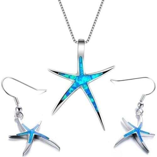 Fashion Jewelry Set Exquisite Starfish Design Blue Imitation Fire Opal Pendant Necklace With Earrings For Women Jewelry Gift