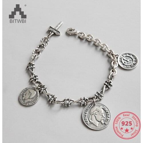Korean Version Silver 925 Bracelet Simple Retro Napoleon Coin Womens Bracelets Luxurious Jewelry
