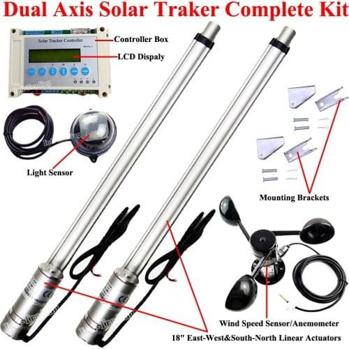 Dual Axis Solar Panel Tracking Tracker Kit &2*18" Linear Actuators 4mm/s 12V Motor &Wind Speed Sensor &LCD Electronic Controller