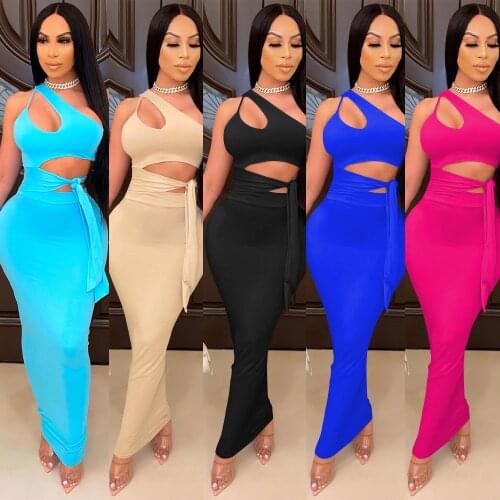 New 2021 Two Piece Set Sexy Outfits for Woman Night Club Vacation Cut Out Bodycon Dress Women Maxi Skirt and Top Set