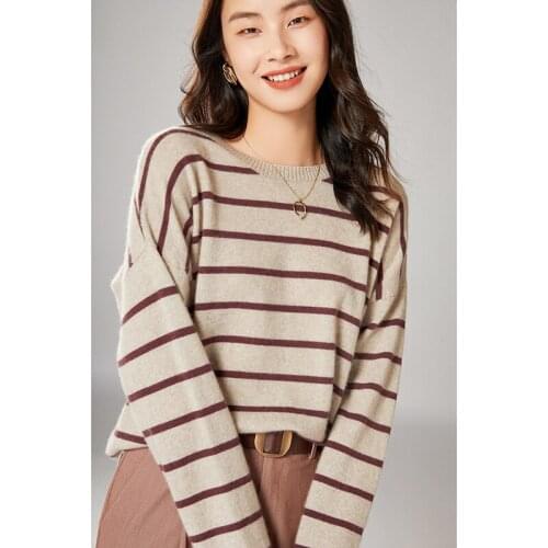 2021 autumn and winter new 100% pure sheep sweater round neck sweater women loose pullover warm striped bottoming top