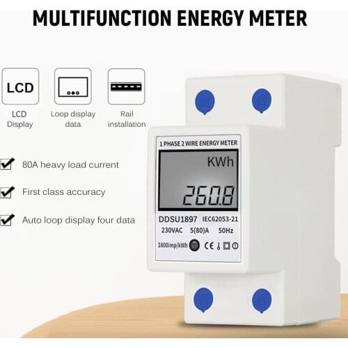 Single Phase Electric Energy Meter DIN Wire LCD Digital Display Rail 220VAC/50Hz Electricity Power Consumption Wire Energy Meter