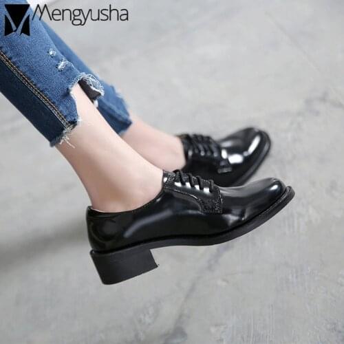 Oxfords Leather shoes student black cross-tied round toe flats woman chunky heels derbies ol dress rubber creeper platform shoes