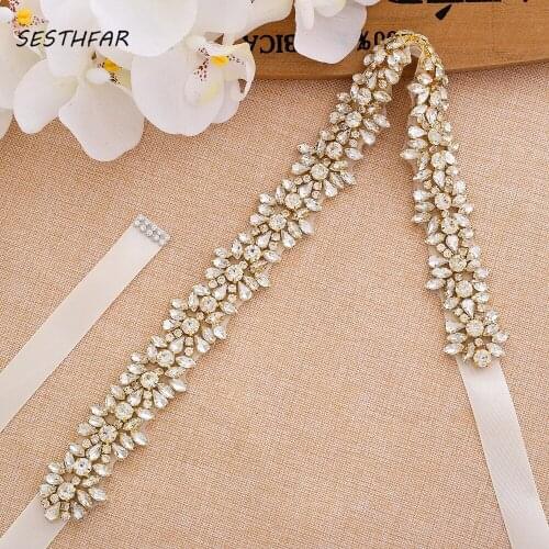 SESTHFAR Gold Bridal Belt Rhinestones Diamond Crystal Wedding Belts Flower Bridal Sash For Wedding Accessories