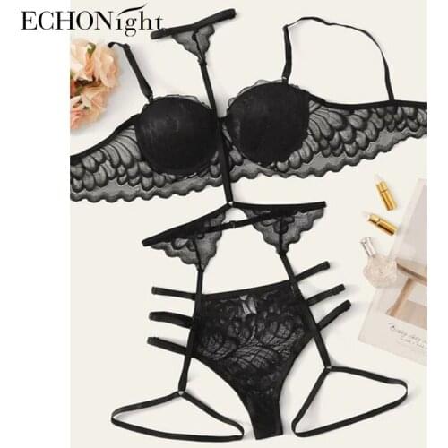 Echonight Sexy Womens Underwear Set Lingerie Halter Bra Set Lingerie Set Erotic Underwear Sets 3 Piece Set Padded Bra Lingerie