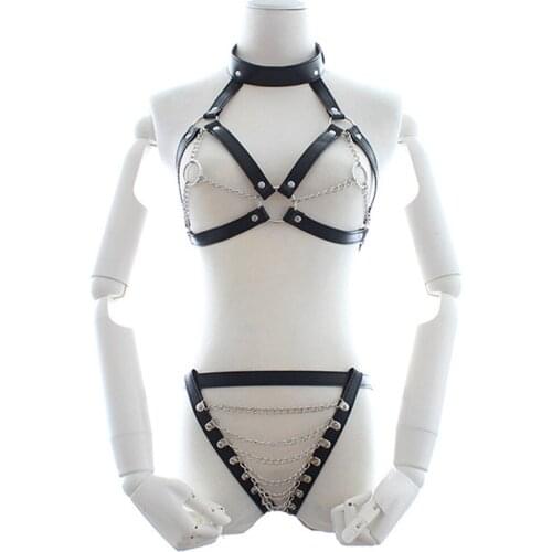 Sexy Chain Leather Pornos lingerie suit bodysuit women night club open bra body Bondage harness belt lingerie set exotic apparel