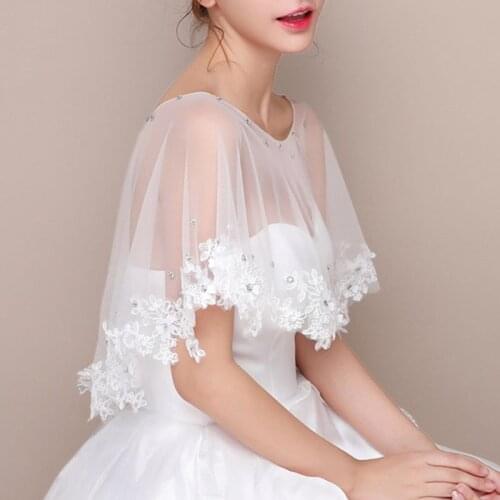 Bridal Embroidered Floral Lace Wavy Bolero Cape Rhinestone Tulle Wedding Shawl X7YC