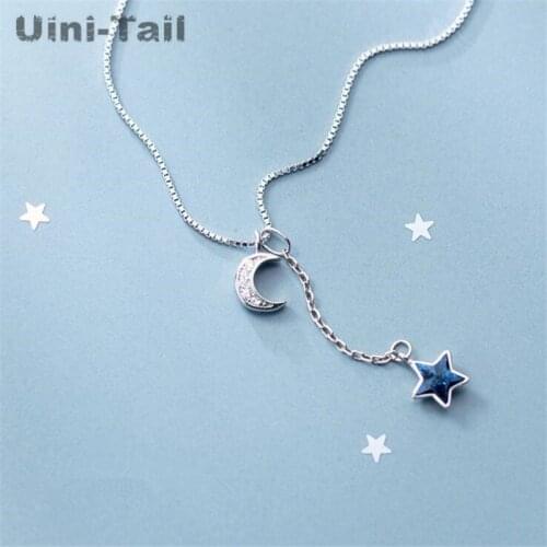 Uini-Tail hot new 925 sterling silver blue stars moon micro-inlaid necklace simple sweet cute small fresh people jewelry ED191