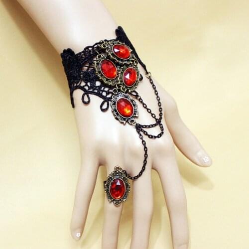 Vintage Gothic Bracelets For Women Sexy Black Lace Tassel Chains Bracelet Statement Red Crystal Finger Circle Wristbands Jewelry
