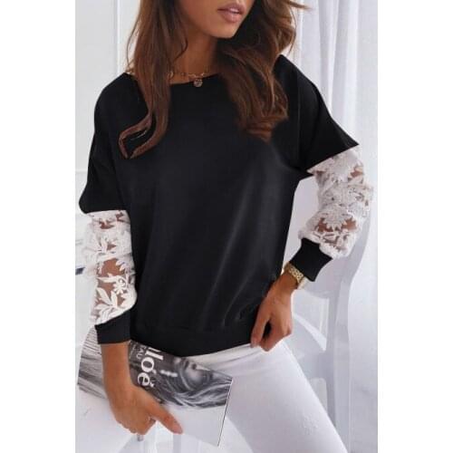 Womens Clothing 2021 Casual Top Solid Color T-Shirts Hollow Out Lace O-Neck Long Sleeve T Shirt Woman Spring Autumn Loose Tops