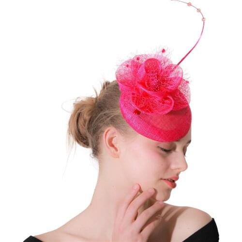 Hot Pink Bridal Fascinator Women Feather Accessories Wedding Hat Ornaments Headpieces Linen Fascinator Hairpins