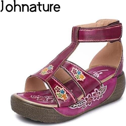 Johnature Genuine Leather Platform Sandals Retro Women Shoes 2020 New Summer Wedges Print Casual Handmade Concise Ladies Sandals