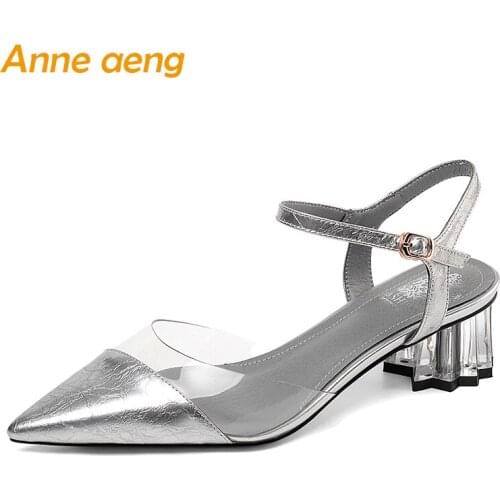 2019 New Summer Genuine Leather Women Sandals Middle Square Heel Pointed Toe Buckle Sexy Ladies Women Shoes Silver High Heels