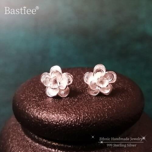 999 Sterling Silver Flower Stud Earrings For Women Statement Earrings Small Ear Tips Chinese Handmade Luxury Jewelry Ethnic