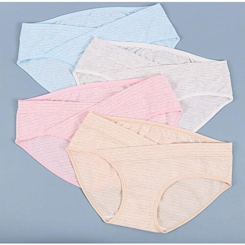 Women Under the Bump Maternity Panties Postpartum Underwear Soft Fabric Bikini Crossover Underpants Striped Pregnancy Panties