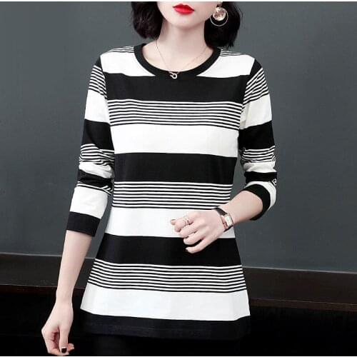 Womens Spring Autumn Style Cotton Blouses Shirts Womens New O-neck Long Sleeve Striped Loose Casual Shirts DD8322