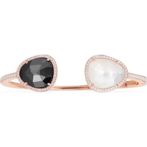 SLJELY Fashion Solid 925 Sterling Silver Black Stone and White Nacre Open Cuff Cubic Zirconia Pink Bangle Bracelets for Women